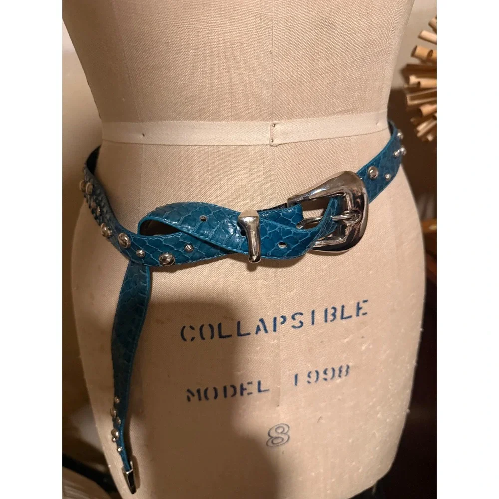 Vintage Teal Blue Snakeskin Studded Western Skinny Belt Silver Buckle Tip
